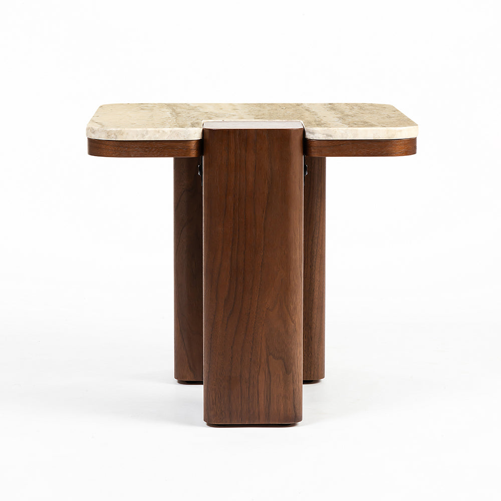 Bridge Accent Table, Travertine & Walnut