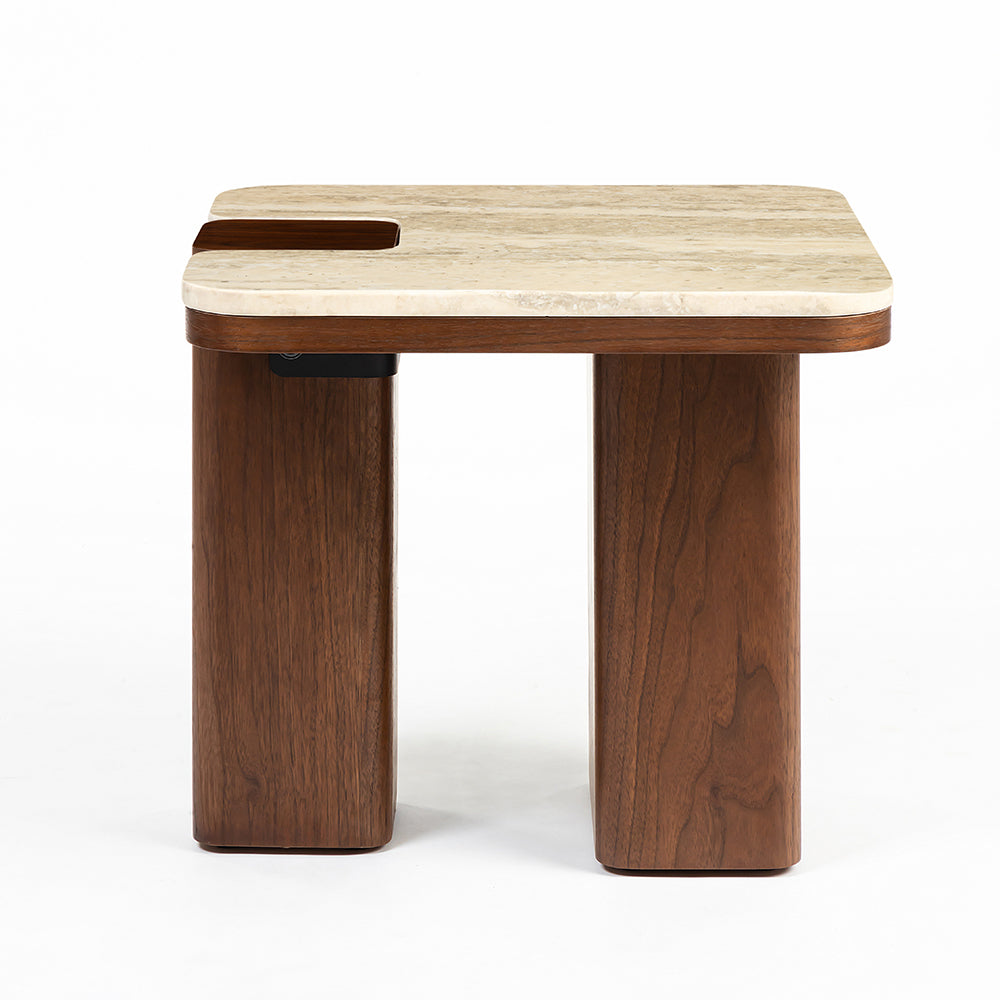 Bridge Accent Table, Travertine & Walnut