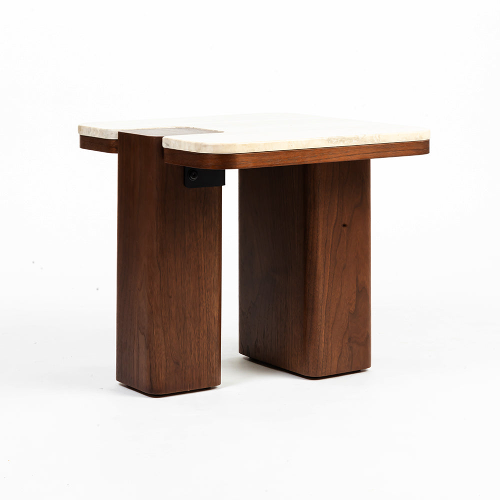 Bridge Accent Table, Travertine & Walnut