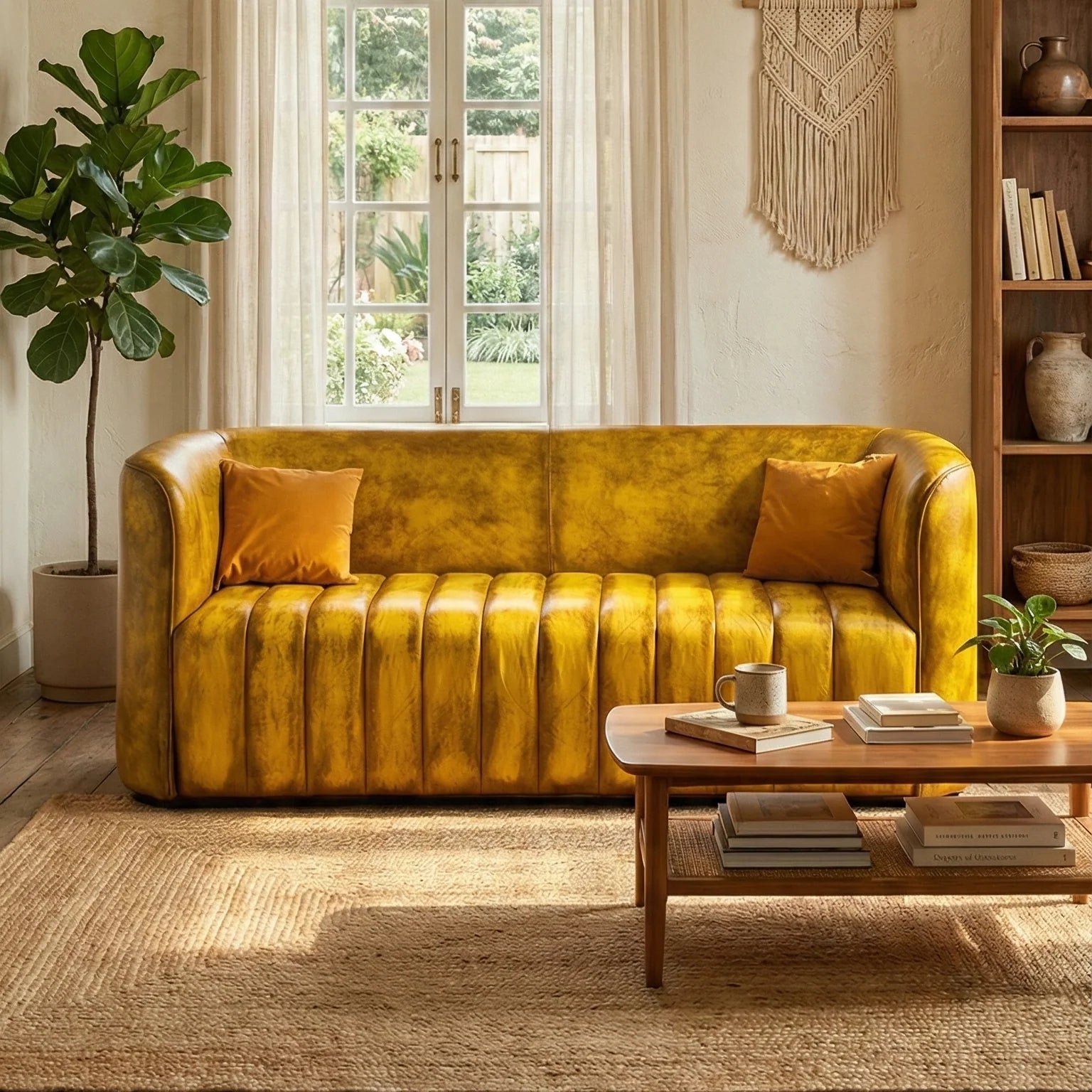 Yellow sofa in a living room with a coffee table and decorative items.
