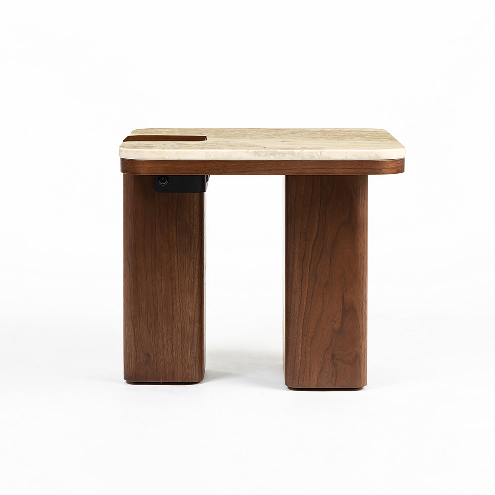 Bridge Accent Table, Travertine & Walnut