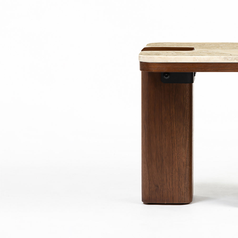 Bridge Accent Table, Travertine & Walnut