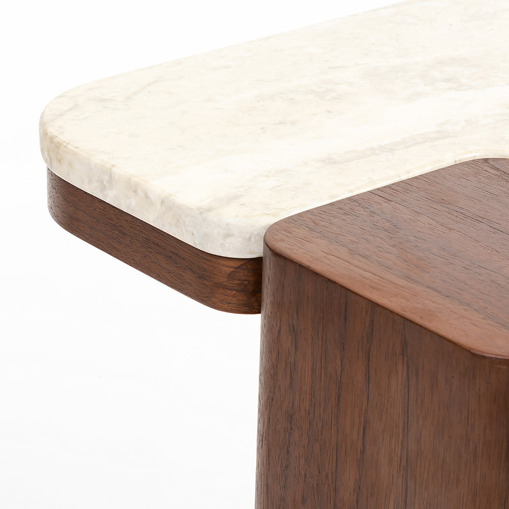 Bridge Accent Table, Travertine & Walnut