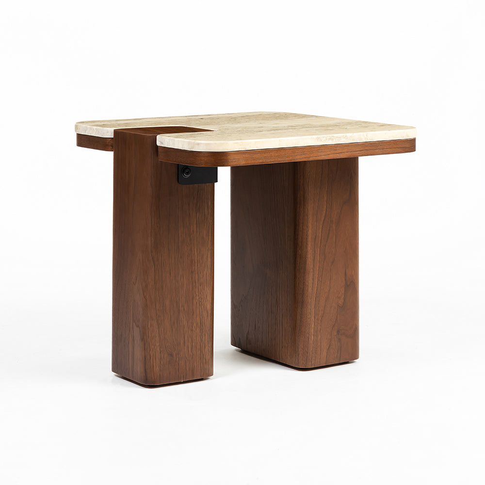 Bridge Accent Table, Travertine & Walnut