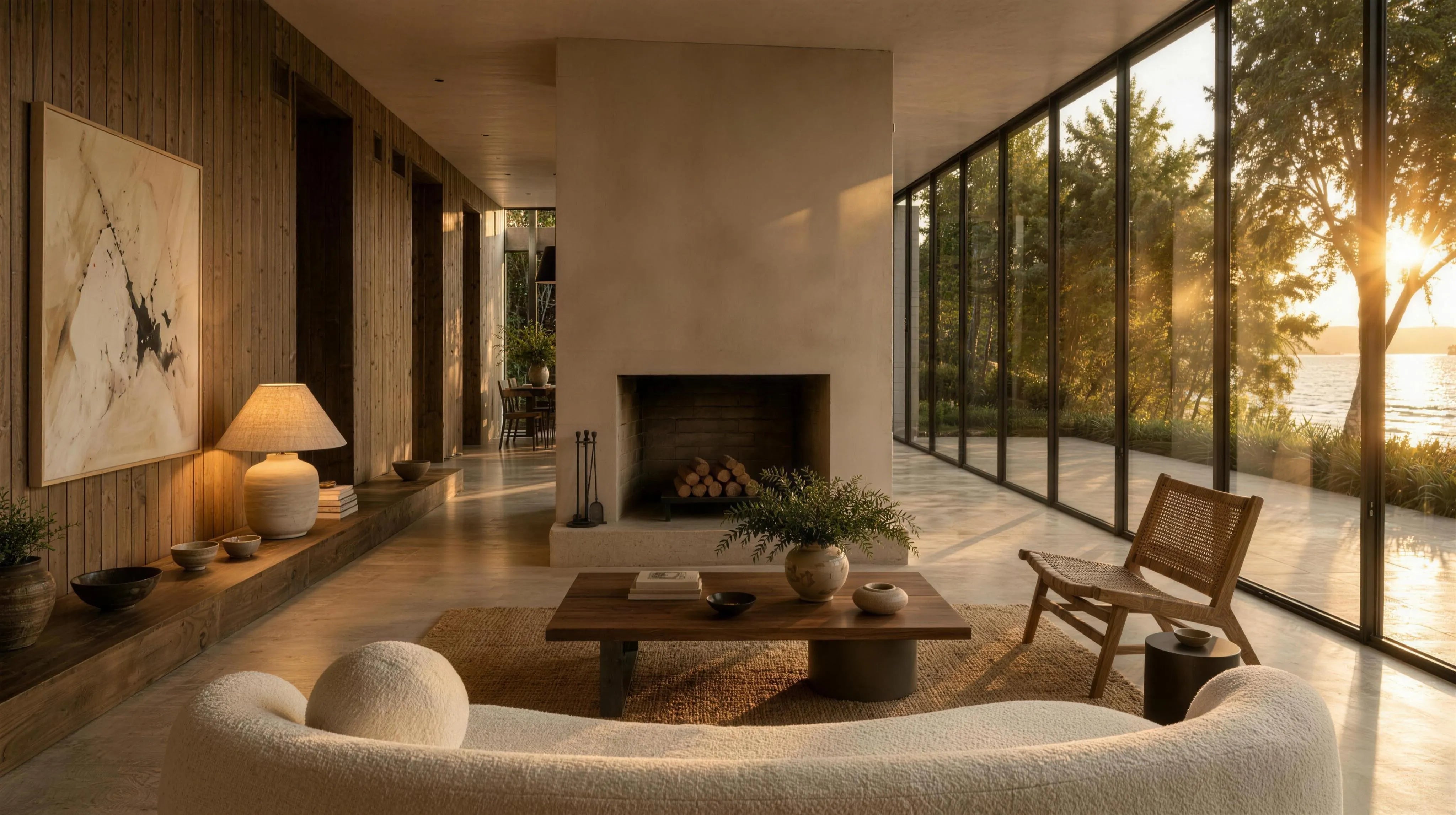 A modern, luxurious living room interior with a large white curved sofa in the foreground, a wooden coffee table, a fireplace, and floor-to-ceiling windows overlooking a sunset over water.